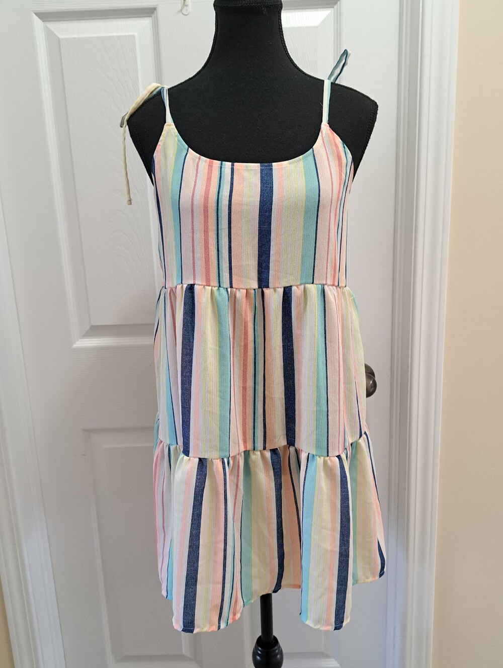 Celebrity Pink Striped Mini Dress Swim Cover Up Tiered Beach Summer Babydoll